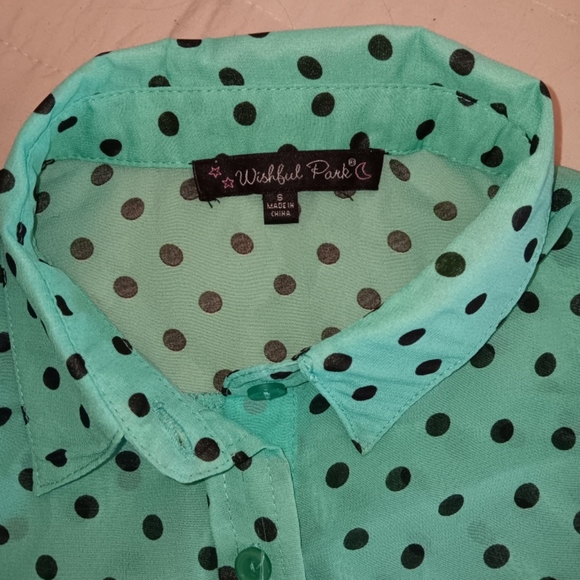 Ladies WISHFULL PARK sheer turquoise & black polk-a-dot tank. Small - Picture 3 of 3